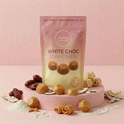 White Choc Diamonds – Vegane weiße Rohschokolade ohne raffinierten Zucker