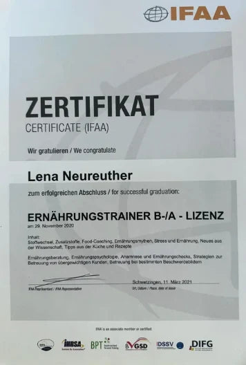 Zertifikat Ernährungstrainer B-/A-Lizenz, IFAA