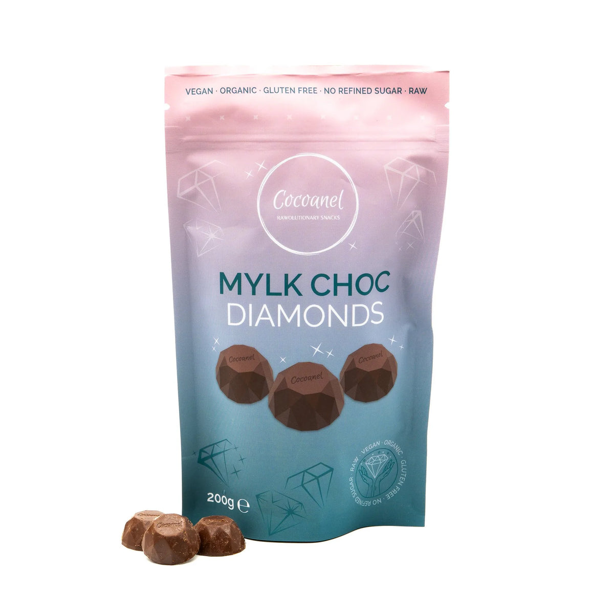 Mylk Choc Diamonds: Beutel von vorne mit Diamanten davor