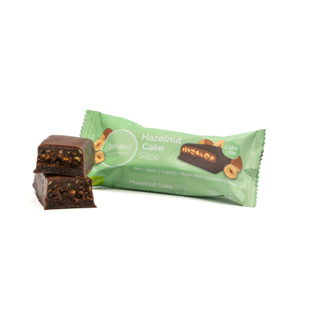 Hazelnut Cake Slice: Verpackung von vorne mit halbiertem Riegel