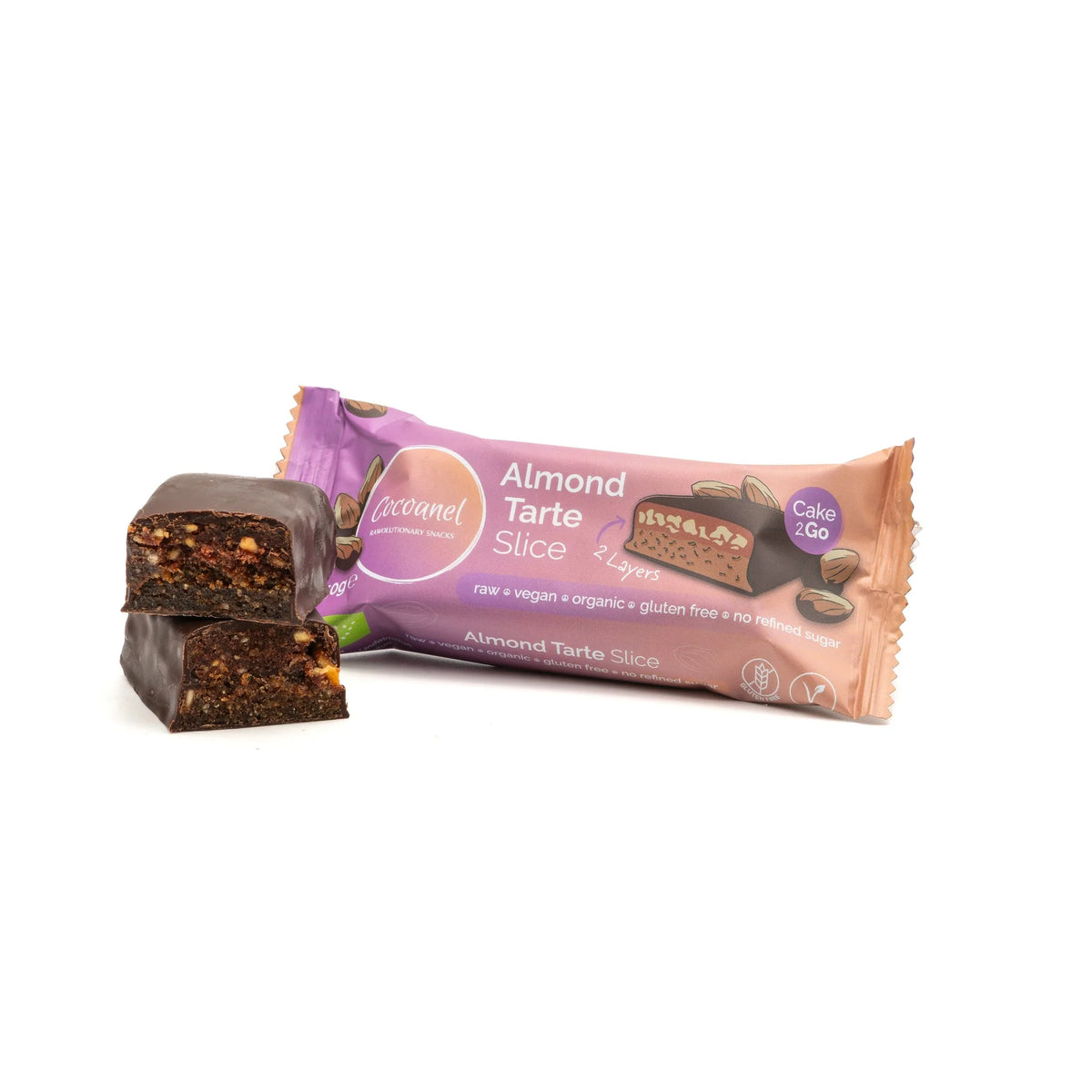Almond Tarte Slice: Verpackung von vorne mit halbiertem Riegel