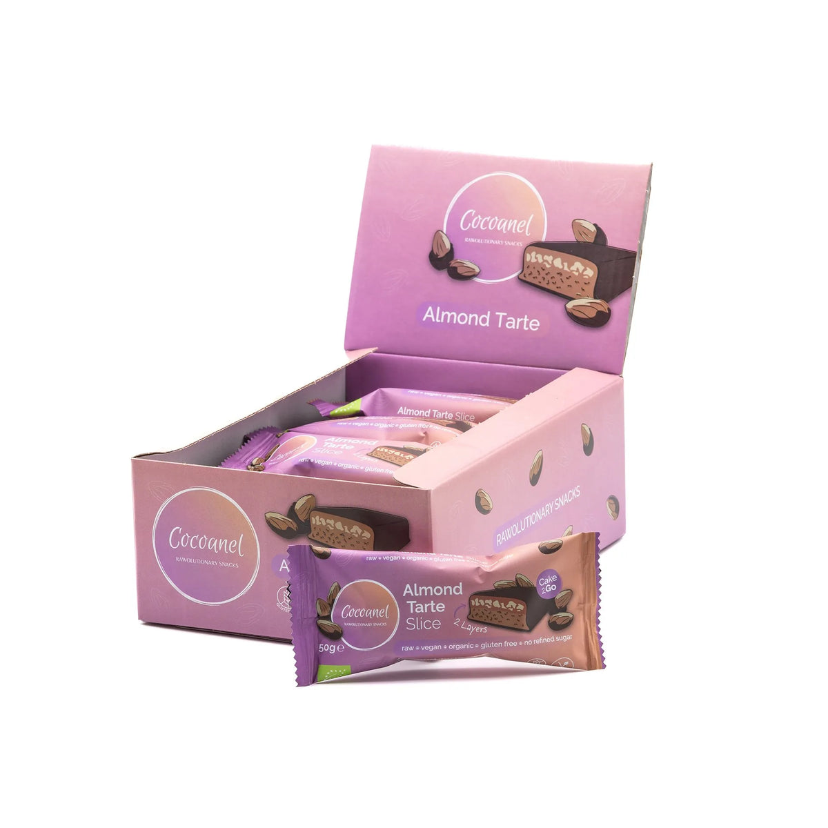 Almond Tarte Slice: geöffnete Box mit Riegeln, ein Riegel davor