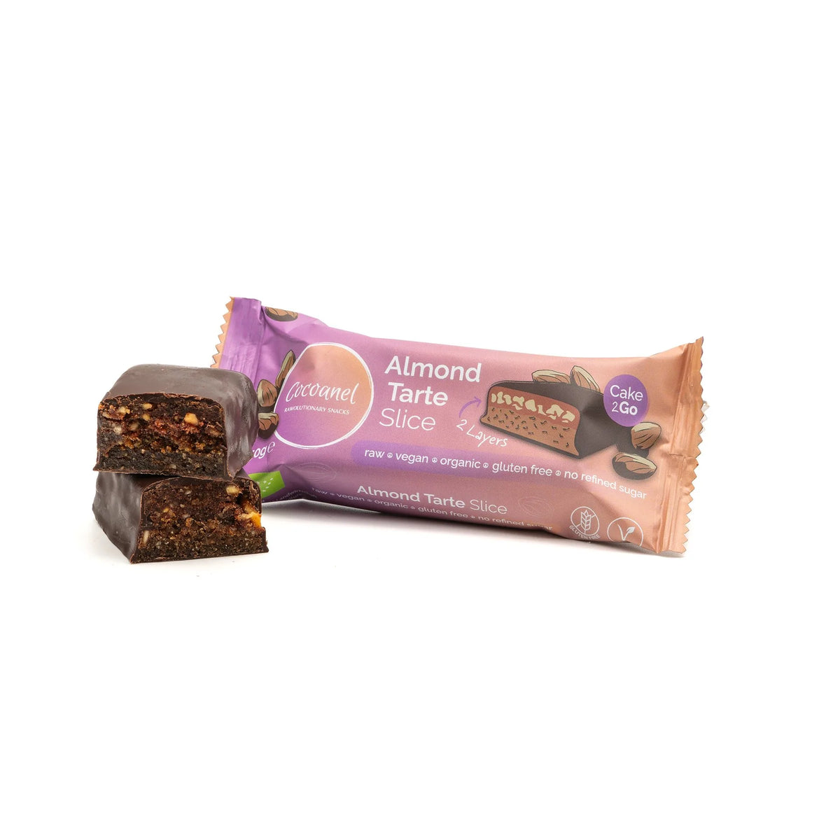 Almond Tarte Slice: Verpackung von vorne mit halbiertem Riegel