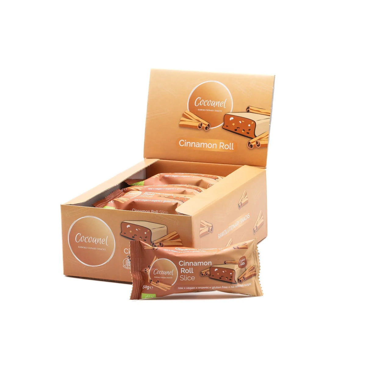 Cinnamon Roll Slice: geöffnete Box mit Riegeln, ein Riegel davor