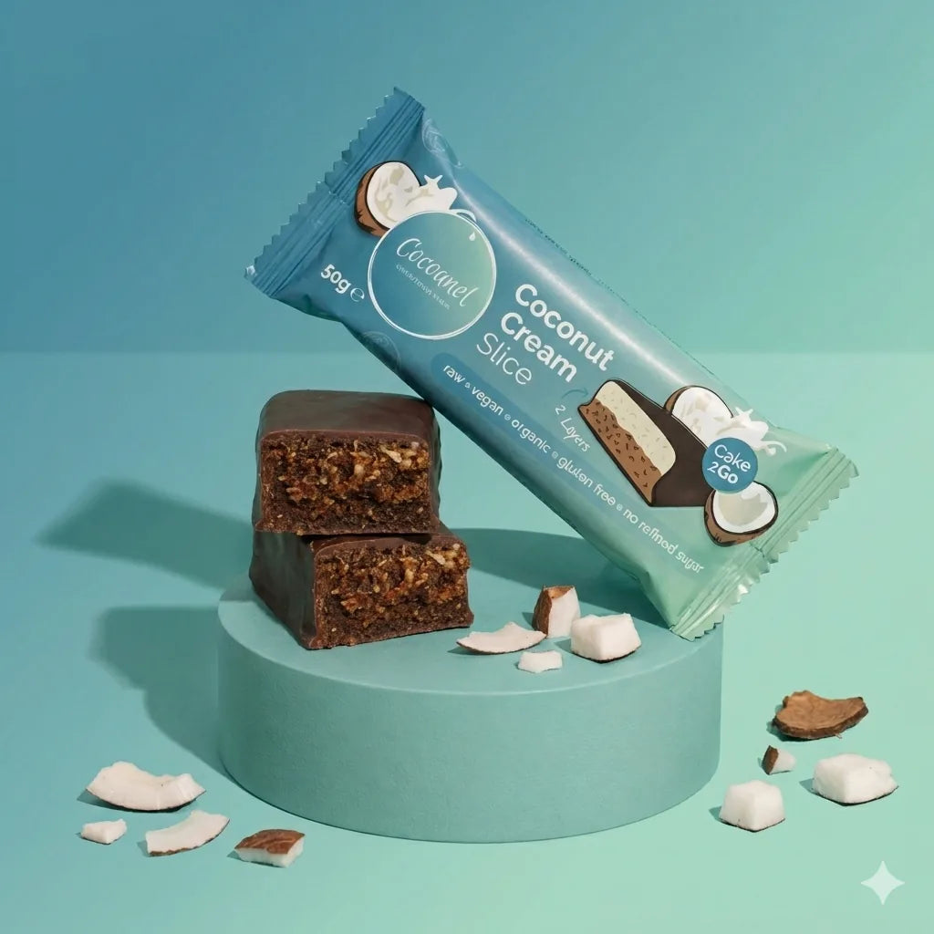 Coconut Cream Slice: verpackter Riegel und zwei Riegelstücke auf Podest mit Kokosstücken
