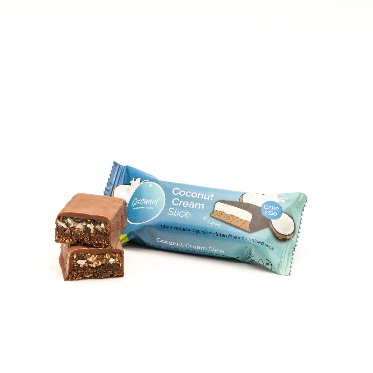 Coconut Cream Slice: Verpackung von vorne mit halbiertem Riegel