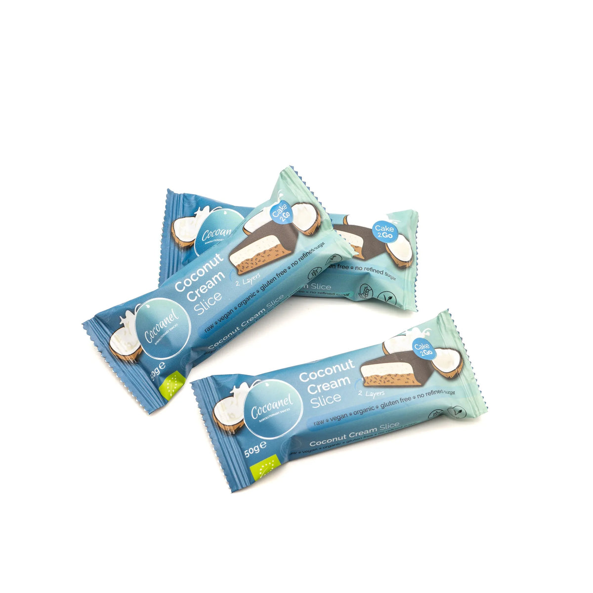 Coconut Cream Slice: drei verpackte Riegel übereinander