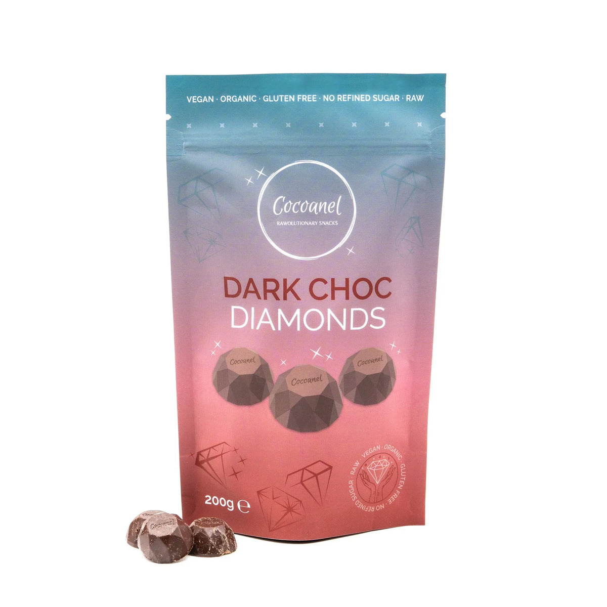 Dark Choc Diamonds: Beutel von vorne mit Diamanten davor