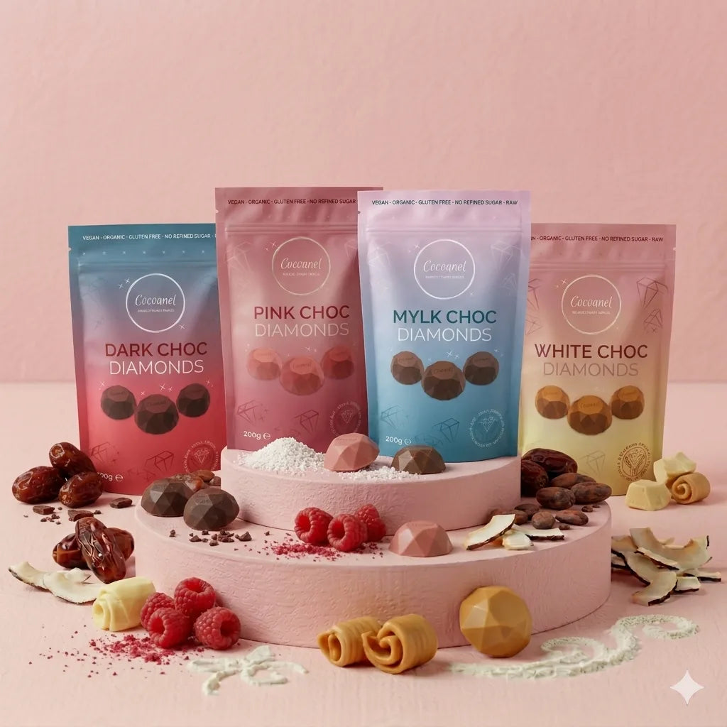 Diamonds Bundle Fruity: Dark, Pink, Mylk und White Choc Diamonds mit Himbeeren und Datteln
