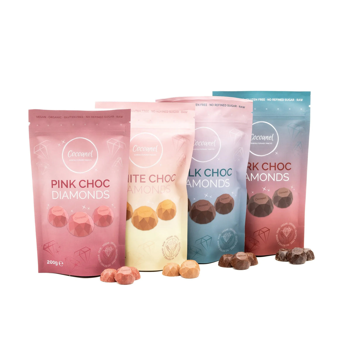 Diamonds Bundle Fruity: Beutel Pink, White, Mylk und Dark Choc Diamonds nebeneinander