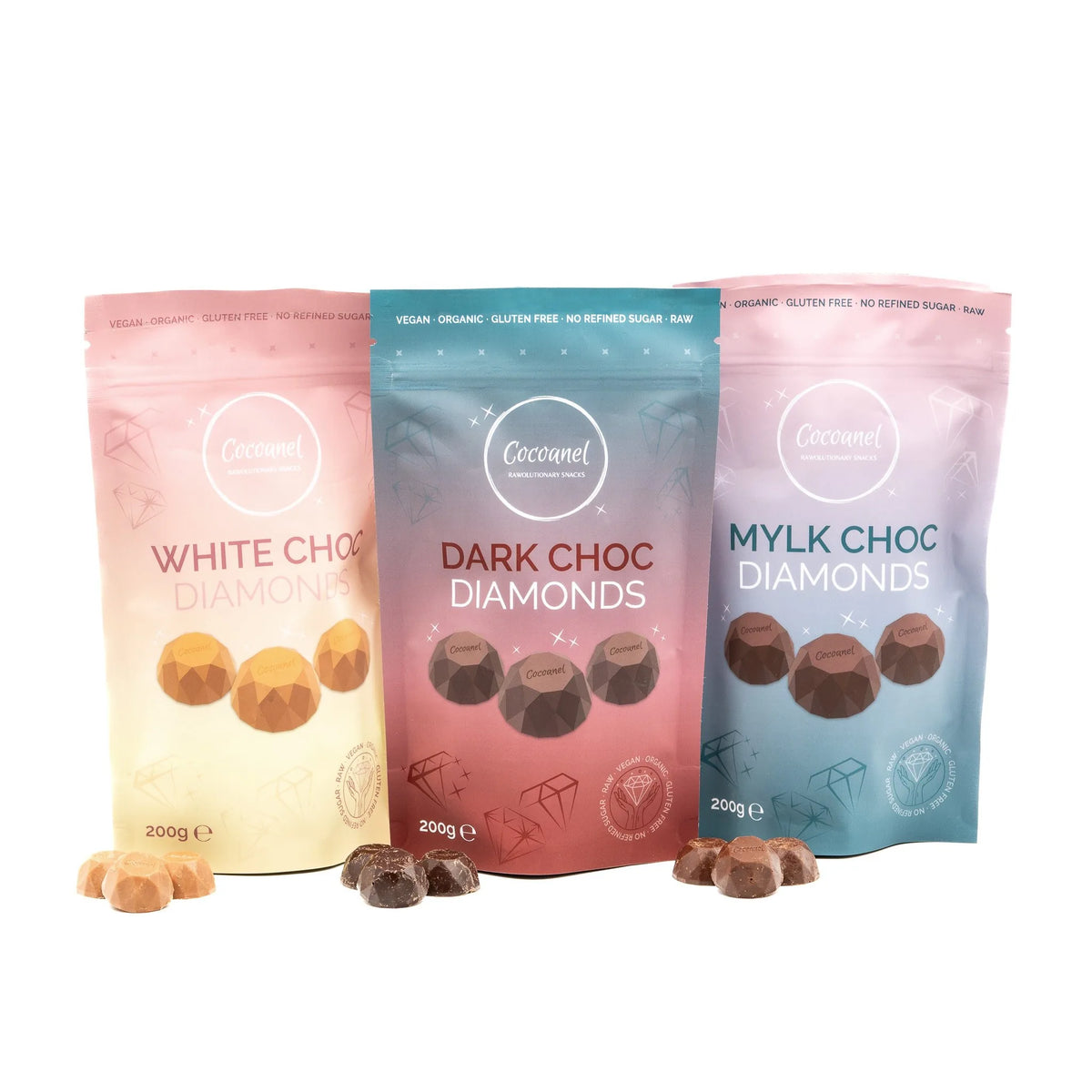 Diamonds Bundle Classic: Beutel White, Dark und Mylk Choc Diamonds nebeneinander