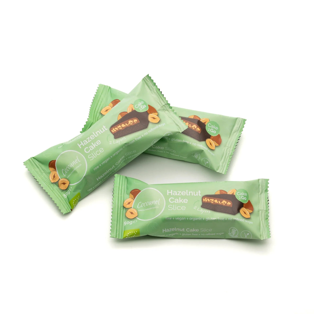 Hazelnut Cake Slice: drei verpackte Riegel übereinander
