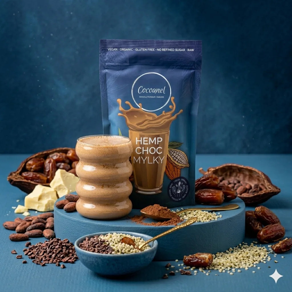 Hemp Choc Mylky: Beutel und Glas mit Shake, dazu Kakaofrüchte, Hanfsamen und Datteln