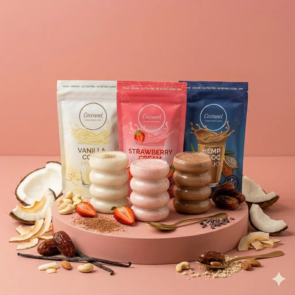 Mylky Bundle: Vanilla Coco, Strawberry Cream und Hemp Choc Mylky mit Shake-Gläsern