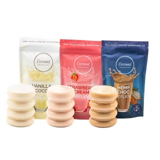 Mylky Bundle: drei Beutel nebeneinander mit je einem gefüllten Shake-Glas