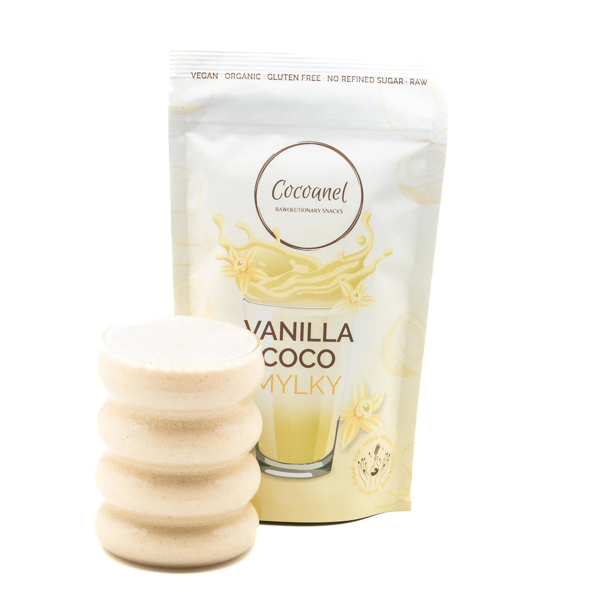 Vanilla Coco Mylky: Beutel von vorne mit gefülltem Shake-Glas