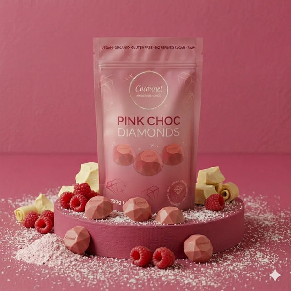 Pink Choc Diamonds – Vegane weiße Rohschokolade mit Himbeeren