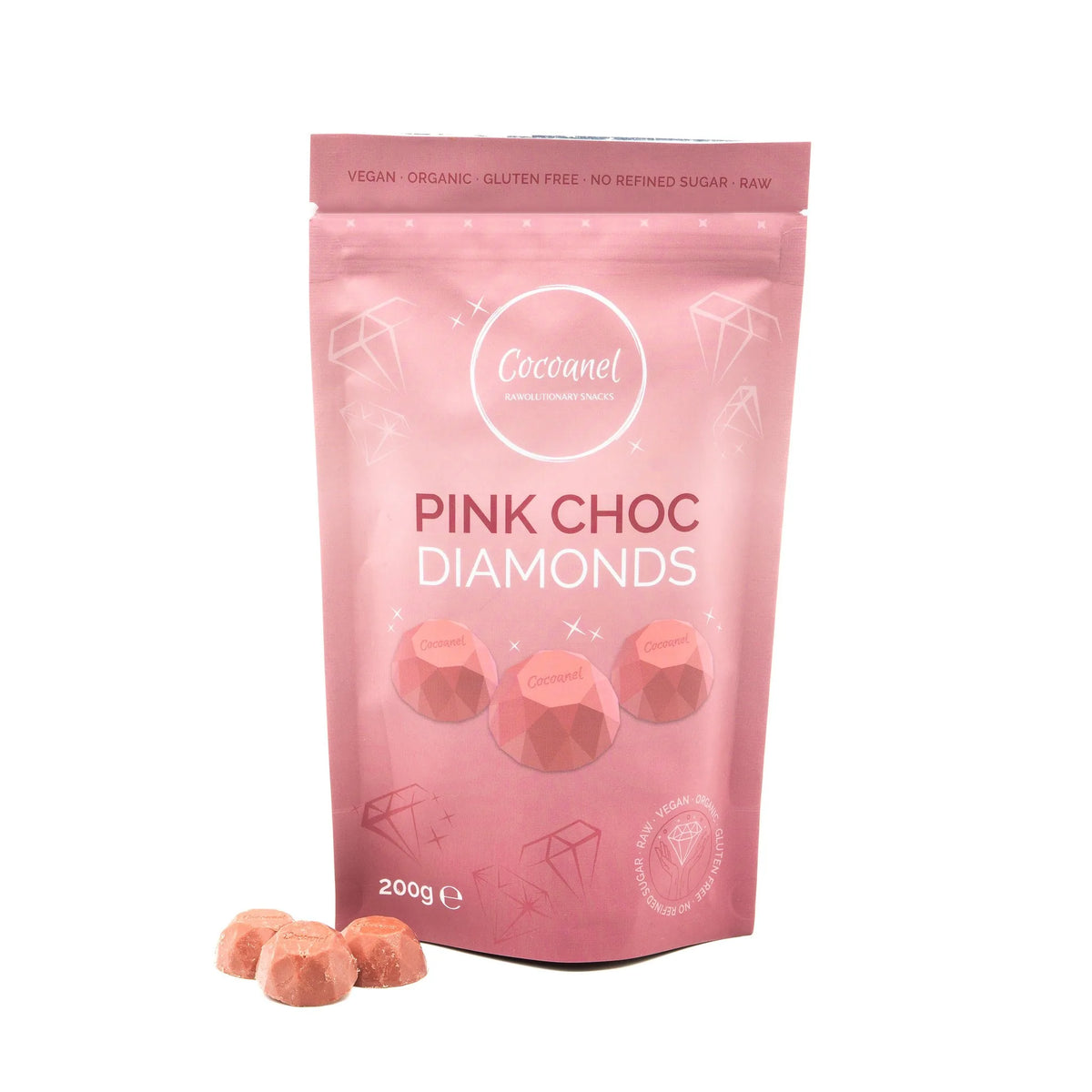 Pink Choc Diamonds: Beutel von vorne mit drei Diamanten davor