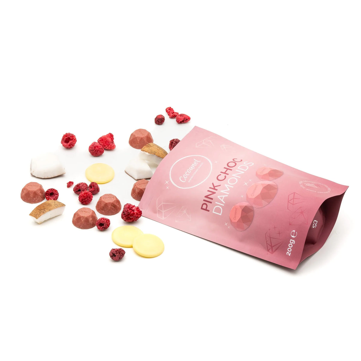 Pink Choc Diamonds: liegender Beutel mit Diamanten, Himbeeren und Kokosstücken
