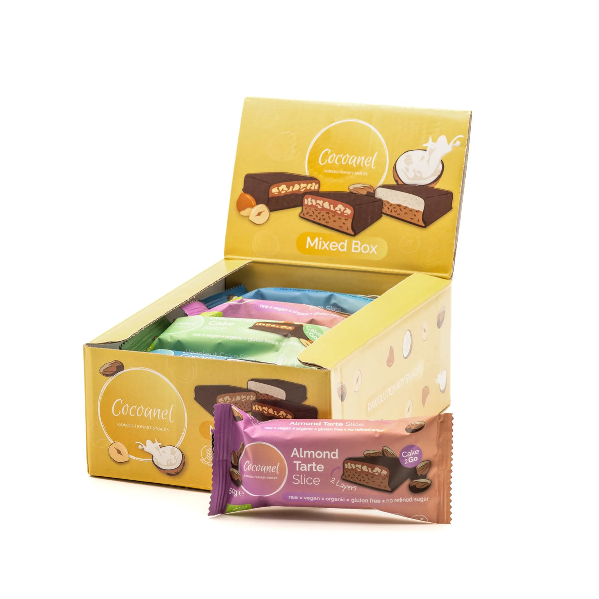 Slices Mixed Box: geöffnete gelbe Box mit Riegeln, Almond Tarte Slice davor