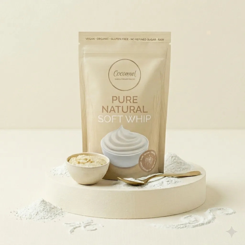 Pure Natural Soft Whip: Beutel auf hellem Podest mit Schälchen und Löffeln