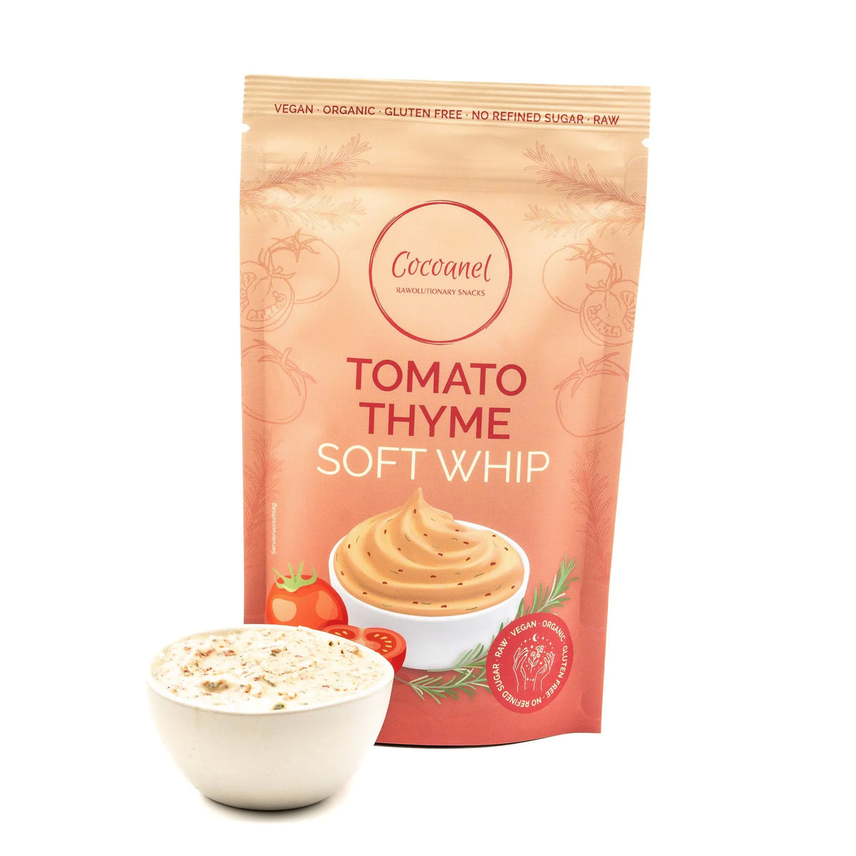 Tomato Thyme Soft Whip: Beutel von vorne mit Schale Pulver