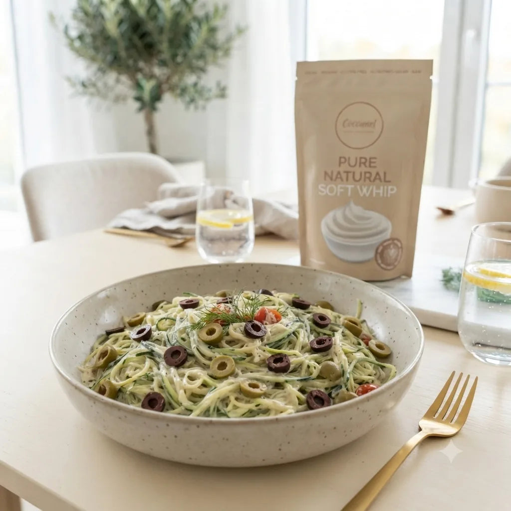 Pure Natural Soft Whip: Beutel hinter Schale mit grünen Nudeln und Oliven