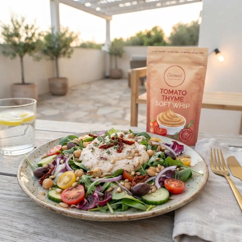 Tomato Thyme Soft Whip: Beutel neben Salatteller mit Kichererbsen, Tomaten und Creme
