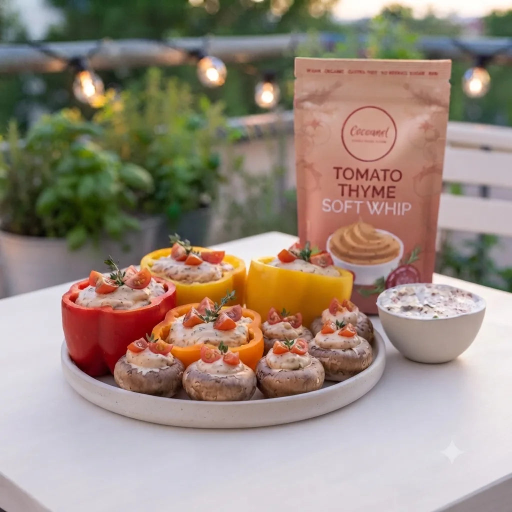 Tomato Thyme Soft Whip: Beutel neben gefüllten Paprika und Champignons