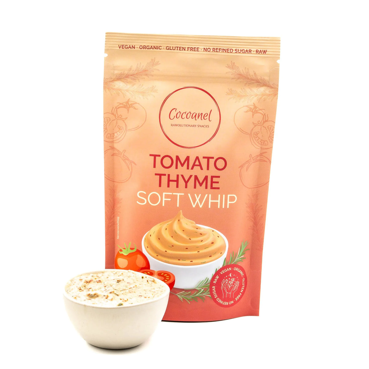 Tomato Thyme Soft Whip: Beutel von vorne mit Schale Pulver