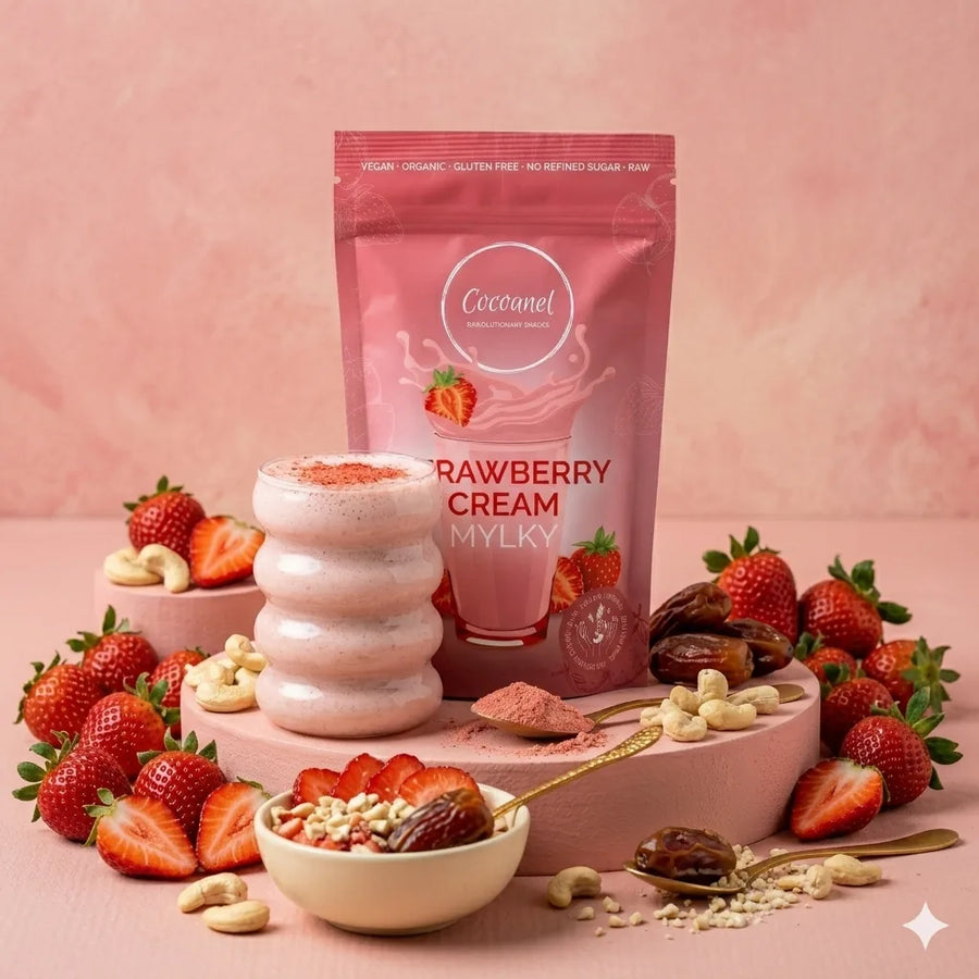 Strawberry Cream Mylky: Beutel und Glas mit Shake, dazu Erdbeeren, Cashews und Datteln