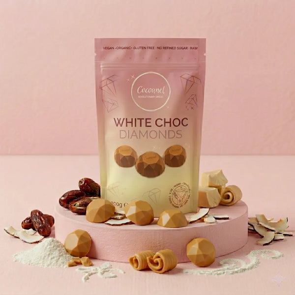 White Choc Diamonds – Vegane weiße Rohschokolade ohne raffinierten Zucker