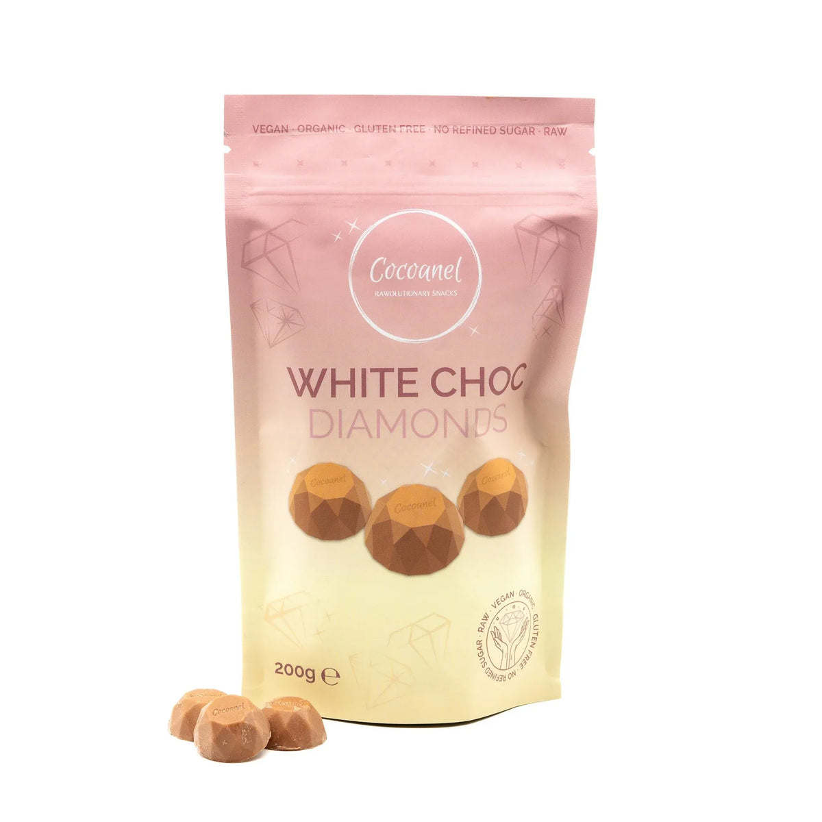 White Choc Diamonds: Beutel von vorne mit Diamanten davor